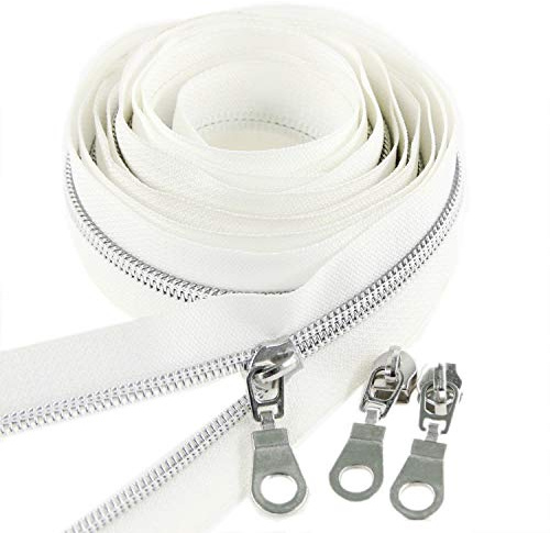 # 5 Antik Silber metallic Nylon Spule Reißverschlüsse von The Yard Bulk 10 Yards weißes Band mit 25 Stück Silber Schieberegler für DIY Nähen Schneider Handwerk Tasche Leekayer (weiß)