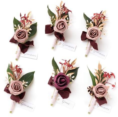 Ling's moment Boutonniere for Men, 6pcs Groom Groomsmen Boutonniere, Artificial Flowers for Wedding Decor/Prom/Homecoming, etc.Marsala Dusty Rose