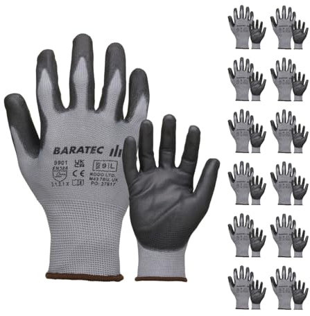 Baratec Grey PU Work Gloves 12 Pairs, Mens Womens Unisex, Safety Working, Protective, Gardening, PPE Grip, Construction, Warehouse, DIY, EN388 Certified, Comfortable Polyester Liner, Size XL
