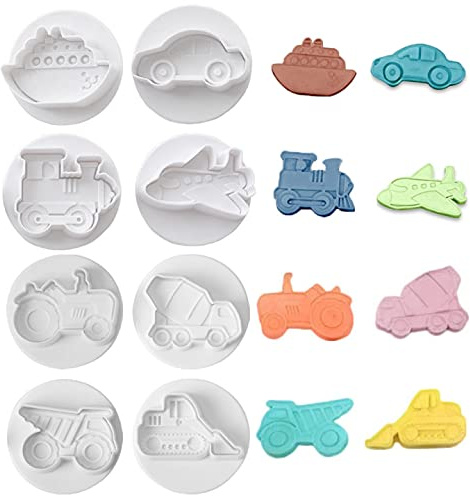 8 Stück Fahrzeug Backen Ausstecher 3D Cartoon Transport Auto Cookie Pie Krust Ausstecher Gebäck Fondant Stempel Backformen Kuchen Dekorieren Werkzeuge mit Griff Federvorrichtung, Direktprägung