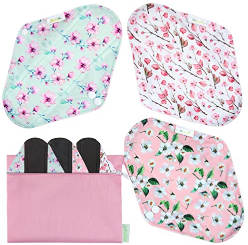 Wegreeco Reusable Menstrual Pads - Soft Cloth Sanitary Pads & Panty Liners - 6 Pack with 1 Cloth Mini Wet Bag (L, Cherry Blossoms)