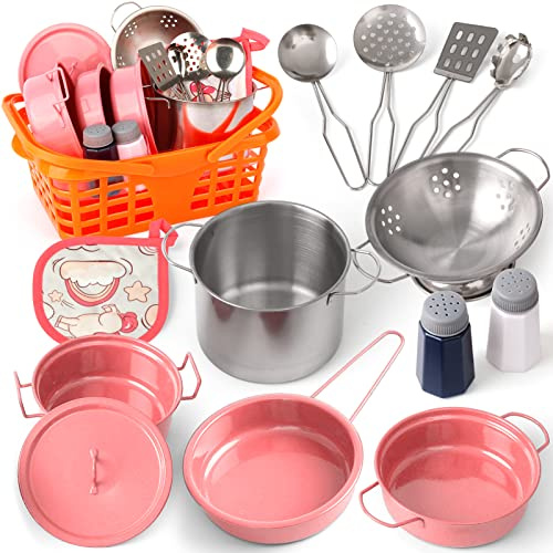 Veitch sagor barn lek kök leksak tillbehör set småbarn matlagning lekset för flickor pojkar inklusive färgglada krukor och stekpannor (rosa)