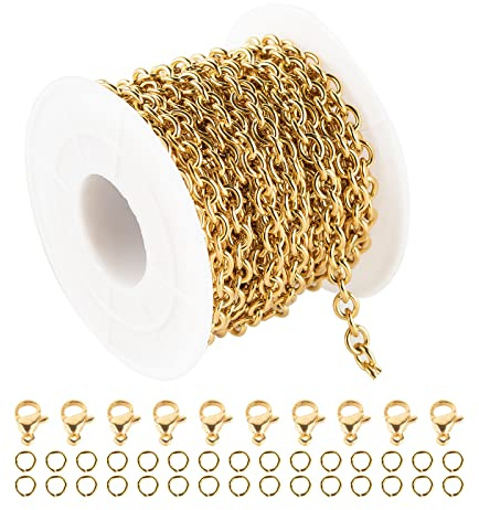 UMAOKANG 16.4 Feet Gold Chain Spool Stainless Steel Rolo Cable Chains for Jewelry Making Cross Bracelets Necklace Chains Bulk with Lobster Clasps and Jump Rings