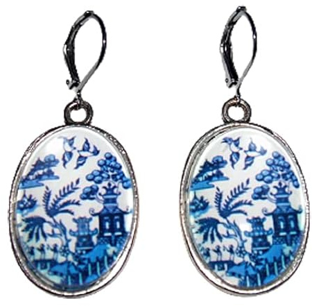 BLUE WILLOW PLATE EARRINGS SILVER Pltd with GLASS COVER Vintage Plate Image Altered Art Dangl Drop