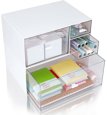 IBEQUEM 2Tier - Organizador de escritorio de plástico blanco con 4 cajones, cajas de almacenamiento de escritorio transparentes para baño, suministros de oficina, colección de hogar, artículos