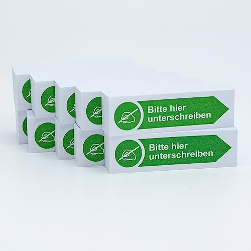 Litfax Haftnotizen Klebezettel Bitte hier unterschreiben, 10 Stück je 100 Blatt Sticky Notes – Post It Haftstreifen in Grün mit Pfeilrichtung nach rechts