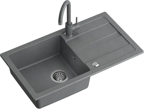 QUADRON Granitspüle Spülbecken Spüle Küche Granit | Größe 77 x 44 x 17,6 cm Grau | GO MAX Granitspüle Einzelbecken-Spüle | Einbauspüle mit Küchenarmatur | Einbeckenspüle Küchenspüle