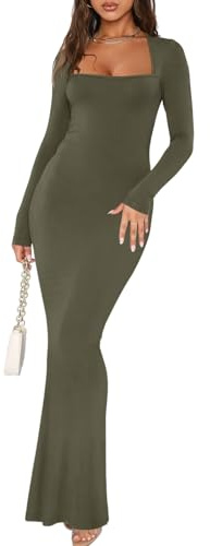 REORIA Womens Fashion Winter Dresses with Sleeves Fall Sexy Party Square Neck Ribbed Bodycon Lounge Long Maxi Dress Olive Green Large