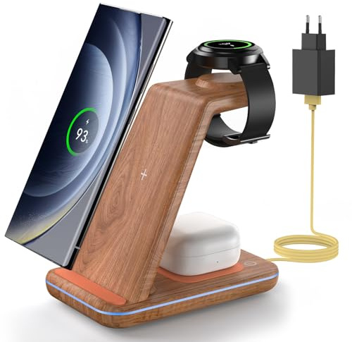 JoyGeek 3 in 1 Induktive Ladestation für Samsung, Wireless Charger für Samsung S26/S25/S24/S23/ZFlip/Fold, Induktionsladegerät für Galaxy Watch Ultra/8-4, Kabelloses Ladegerät für Galaxy Buds-Bambus