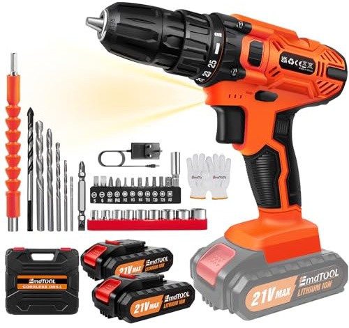 Huini Avvitatore a Batteria 21V, 45Nm, 2 Velocità, 25+1 Coppie, LED, 29CS Accessori, 2 Batterie 1500 mAh, Set di Progetti Fai da Te per Case e Giardini