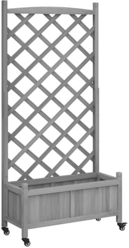 vidaXL Pflanzkübel mit Rankgitter Rollen, Blumenkasten mit Spalier, Pflanzgefäß für Terrasse Garten, Pflanzkasten, Grau Massivholz Tanne