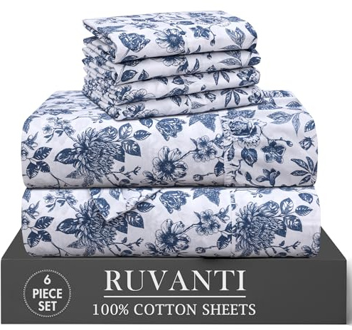 RUVANTI 6 Pcs Cotton Sheets - 100% Natural Cotton Soft, Lightweight & Breathable Crispy Percale Bed Sheets, Queen Sheet Set 16 Deep Pockets, Wild Flower