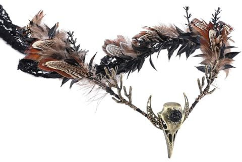 MOSTORY Handgefertigte braune Federkrone - Gothic Blume Kopfschmuck Elfe Mond Cirlet mit Krähe Schädel Dunkel Wald Stirnband für Frauen Hexe Renaissance Halloween Cosplay Goth Hochzeit
