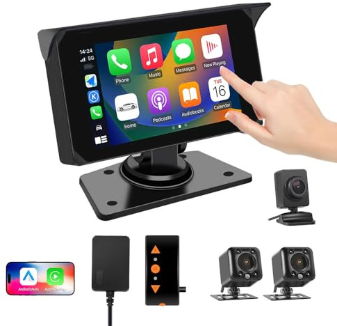 VSYSTO Truck Carplay Bildschirm, Wireless CarPlay und Android Auto, 3CH WiFi 5 Zoll Touchscreen 1080P Frontkamera, Linke und rechte Kamera, Infrarot Nachtsicht Objektiv, GPS Navigation,