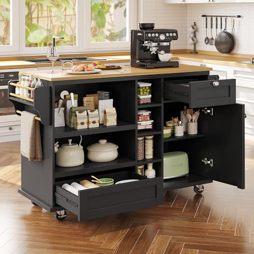 DRIXNO Kücheninsel mit Arbeitsplatte (129x46 x92 cm) Esszimmerwagen, Schwarzer beweglicher Küchen-Esswagen mit Schubladen und Lagerschränken, Küchenschrank küchenwagen mit Rollen