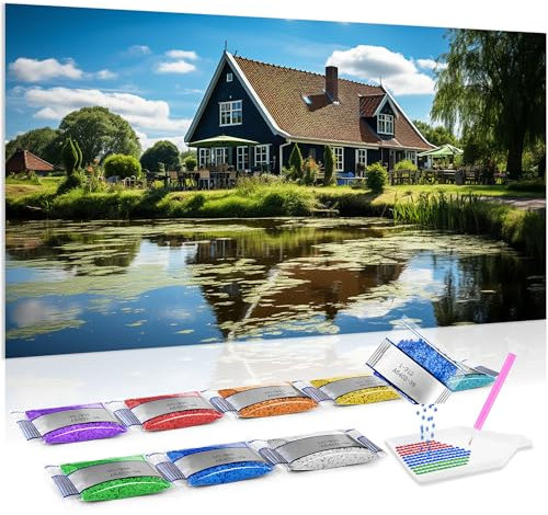 Jumpdot 5D Diamond Painting Zubehör DIY Groß Holzhaus am See Dekoration Wohnung Modern Diamant-Kunst-Kit 110x60 cm