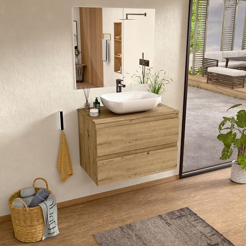 BELLOBATH Mueble Baño Suspendido 100 cm Roble, Lavabo y Espejo