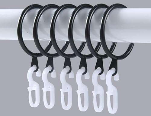 yixiaoboda 22 Pack Curtain Rings and Hooks, 30mm Metal Drapery Hanging Rings & 22pcs Curtain Hooks Plastic White for Curtains and Rods, Drape Sliding Eyelet Rings(Black, 22 Pack)