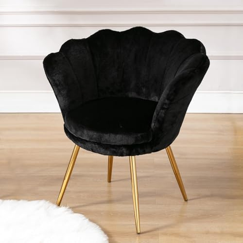 Ya-Home Sessel Wohnzimmer aus Teddystoff, Schminktischstuhl mit Goldfuß Gepolsterter Blumenform Loungesessel Relaxsessel für Wohn/Schlafzimmer, Schwarz | Eleganter Muschelsessel, Blütenblattform, bequeme Rückenlehne und Armlehnen, goldfarbener Fuß, für Wohnzimmer/Schlafzimmer