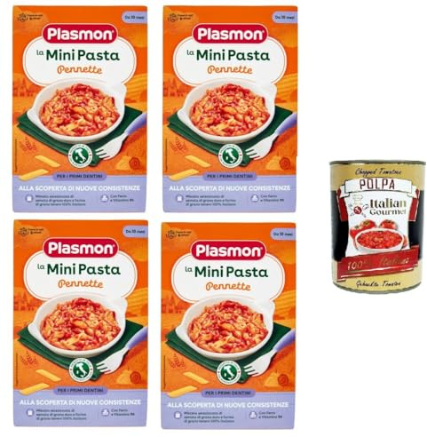 Plasmon la Mini Pasta Pennette die Mini -Stifte Pennette Pasta für Babys ab 10+ 4x 300 g + Italian Gourmet polpa 400g