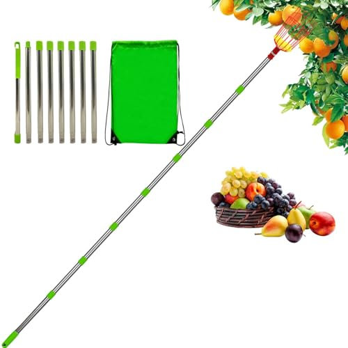 Fruit Picker Pole with Basket - Extendable Garden Pole, Picking Tool Stick | Stainless Steel Rustproof Frame, Detachable Lightweight Picker for Pear Plum Apricot Lemon Orchard Tree Harvest Collection