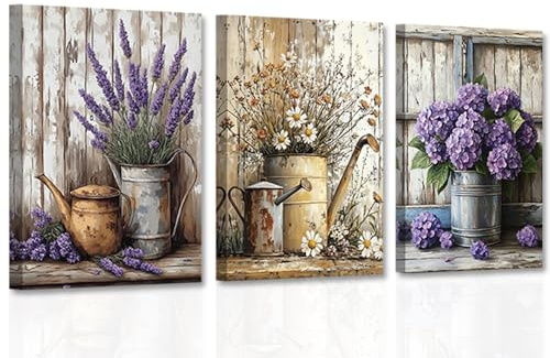 CCWACPP Rustikales Blumen-Wandbild auf Leinwand Bauernhaus-Blumen-Wanddekoration 3 Paneele Gänseblümchen Lavendel Hortensien Bilder Vintage-Blumendrucke gerahmt (28x35cmx3)