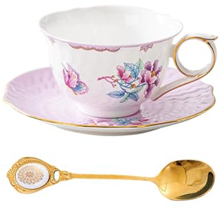 PANAOAHU Tea Cup and Saucer Set, Floral Butterfly Vintage Tea Cup with Gold Trim, Bone China Teacup with Saucer and Spoon, Porcelain Coffee Cup Set for Women and Tea Party, 6.8 oz