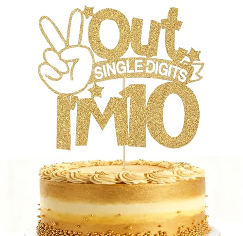 Double Digits 10th Birthday Decorations, 10th Birthday Decorations for Boys Girls, 10 th Birthday Cake Topper - Out Single Digits I'm 10 Shiny Gold Glitter Sign, 5.8x8.4 inch (19.4x28 cm)