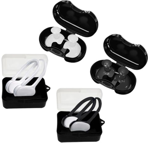 KEQAR Lot de 2 pinces nez étanches + 2 paires bouchons d'oreilles | Noir & Blanc | Protection auditive pour enfants, adultes, débutants & nageurs professionnels | Accessoires avec boîte de rangement