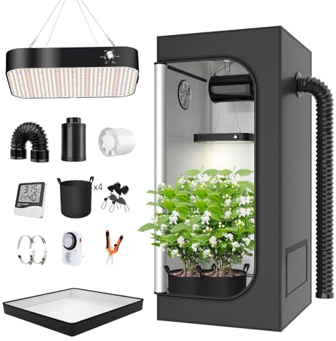 Kit tenda da coltivazione con LED dimmerabile da 100 W/200 W, filtro a carbone da 10,2 cm, giardinaggio interno, panno Oxford 600D