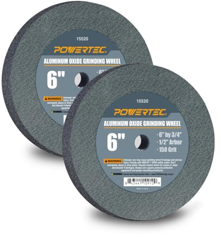 POWERTEC Bench Grinder Wheel 6 Inch 150 Grit, Aluminum Oxide Grinding Wheel for Bench Pedestal Grinder, 3/4 Thick 1/2 Arbor, Sharpening & Shaping Drill Bits, Blade, and Chisel 2PK (15520-P2)