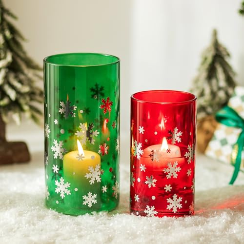 Glasseam Windlicht Weihnachten Weihnachtsdeko Tisch: 2er Set Windlicht Glas Rot Grün Kerzengläser für Tischdeko Weihnachten Zylinder Kerzenglas Kerzenhalter Stumpenkerzen für Wohnzimmer Geschenk
