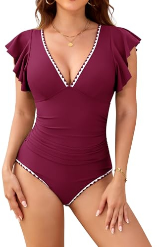UMIPUBO Costume da Bagno Intero Donna Modellante Curvy Collo A V Sexy Contenitivo Pancia Pieghe Push Up Schiena Nuda Volanti A Conchiglia Mare Swimsuit con Coppe