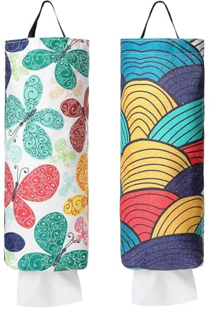 2 Pcs Plastic Bag Holder, Carrier Bag Storage Organizer, Foldable Washable Grocery Bag Dispenser with Hanging Loop, Wall Mount Recyclable Carrier Bag Holder Carrier for Home Kitchen Decor