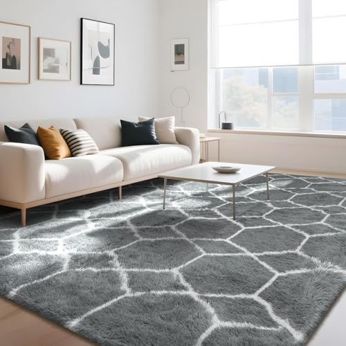 ZRSDIXKI Hochflor Teppich Wohnzimmer 200x300 cm, Grau Weiß Geometrisch | Flauschiger Langflor Shaggy Teppich Anti-Rutsch, Weicher Moderner Teppich für Schlafzimmer Kinderzimmer