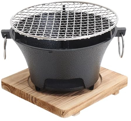 Barbacoa japonesa de hierro forjado con base de madera flexible para barbacoa interior, compacta, transportable y eficiente permanente