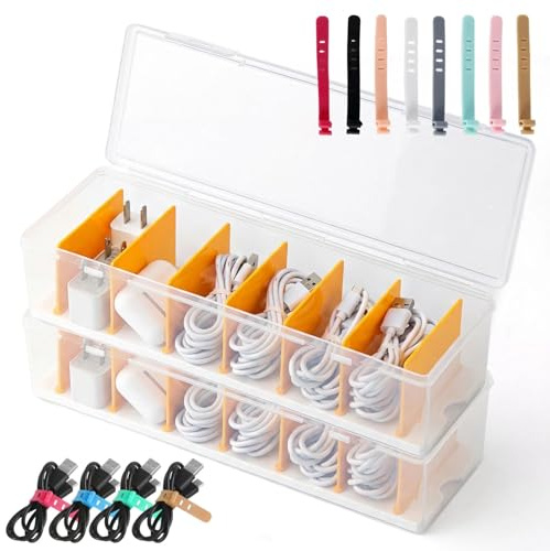 Dexpally 2 Pcs Cable Management Box with Lid Cable Storage Box Data Cables Tidy Boxes with 7 Compartment & 16 Cable Ties Charging Cables Organiser for Office, Home (Transparent)