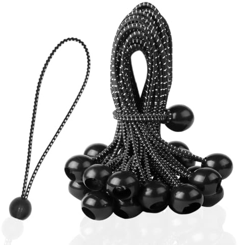 HASLED 20 Pièces Tendeur Élastique Noir à Lignes Blanches en Surface 30cm – Sandow pour Bâche avec Boules de Fixation – pour Tente, Bannière, Store, Bâche de Piscine