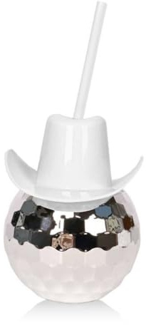 600ml Drink Tumbler with Straw,Disco Ball Cup,Flash Ball Cup,Cowgirl Hat Cup,Cocktail Sparkling Tumbler Wine Glass for Home(white)