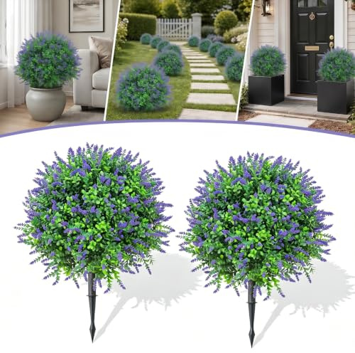 PlusFive 2pcs 26“ Artificial Lavender Topiary Balls Trees with Ground Spike | UV Resistant Fake Lavender, Faux Greenery Shrubs, Artificial Boxwood Topiary Trees,Faux Plants for Outdoors Garden Yard Patio