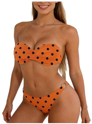 Push Up Bandeau Tankini set blå vita ränder randig baddräkt för kvinnor med fördjupningar i midjan, apelsin, S