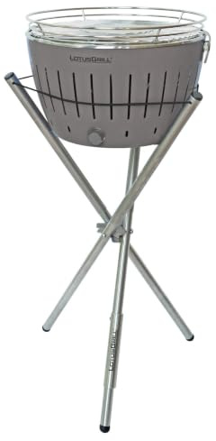 Glutdepot Classic Grill mit Universalständer, raucharm, Anthrazitgrau | LotusGrill Classic G340: Universalständer inkl. Tragetasche, Rost Ø 32 cm, Aktiv-Lüfter, Batterie/USB, für 5 Personen