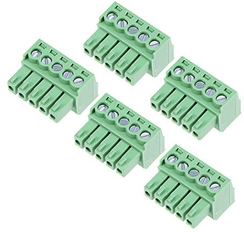 sourcing map 5 Stück Tonhöhe 5P Flach Winkel Nadel Klemmschiene Stecker Grün AC300V 8A 3.5mm de