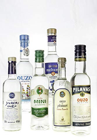 OUZO Probier Set 6x 200ml Ouzo aus Griechenland Tresterbrand ? Jivaeri ? Pilavas ? Plomari ? Mini Mytilini ? Loukatos ? Meltemi griechischer Trester Anis Schnaps Geschenk