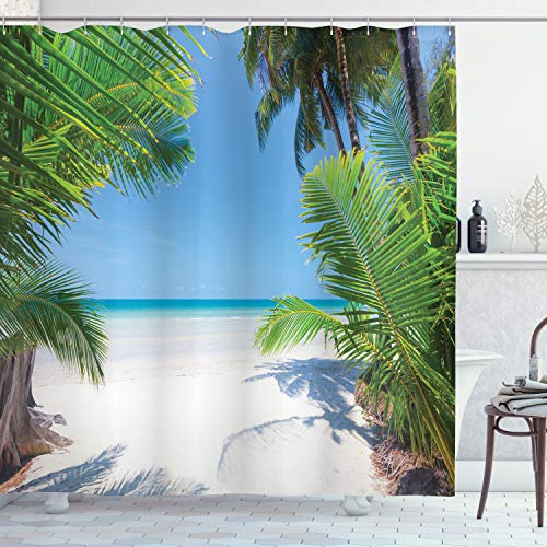 ABAKUHAUS Ozean Duschvorhang, Palm Leaf Tropical Beach, Stoffliches Gewebe Badezimmerdekorationsset mit Haken, 175 x 220 cm, Green Sky Blau Weiß
