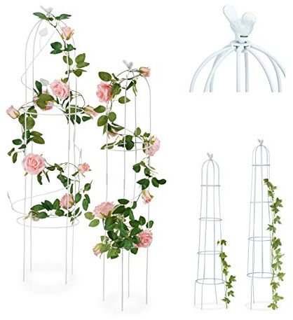 Relaxdays Rankhilfe, 2er Set, Blatt Design, freistehend, Kletterpflanzen, wetterfest, Rankturm, 117 cm & 97 cm, weiß, Design B