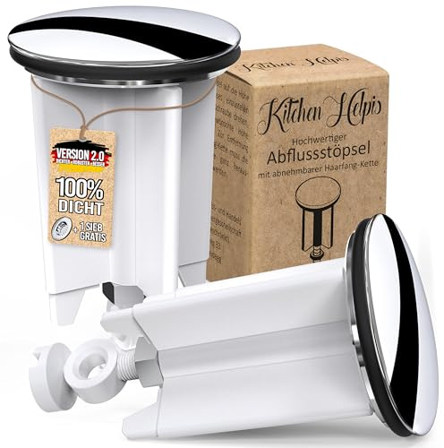 Kitchen Helpis® Lot de 2 bondes universelles pour évier, bonde de 40mm avec Chaine Attrape-Cheveux, bonde évier, bonde évier Contre Les Mauvaises odeurs, bonde lavabo Inoxydable, bonde lavabo, Blanc