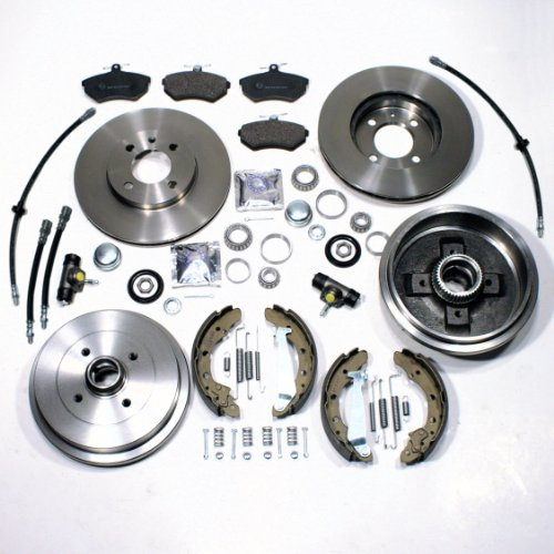 Bremsscheiben belüftet + Bremsbeläge vorne + Bremstrommeln mit ABS Sensor Ringen + Bremsbacken + Radbremszylinder + Zubehör hinten + Bremsschläuche vorne + hinten