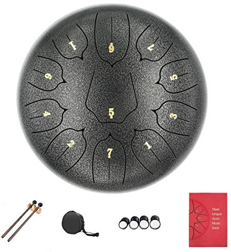 Tongue Drum, Zungentrommel Schlagzeug Instrument, Steel Pan Töne Schlaginstrument Hand Pan Drum mit Trommelschlägeln Tragetasche Note Sticks für Yoga Klangheilung Meditation (10 Zoll 11 Töne, Silber)