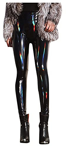 Kunstleder Leggings Damen - High Waist Lange Latex Leggings, Pu Leder Hose, Lackleder Skinny Fit Strumpfhosen, Treggings, Nass Aussehen Glänzend Jeggings Hosen